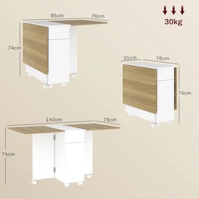 HOMCOM Masă Extensibilă pentru 6 Persoane, Masă Pliabilă cu Roți, 2 Sertare și Dulapior, 140x76x74 cm, Alb | Aosom Romania