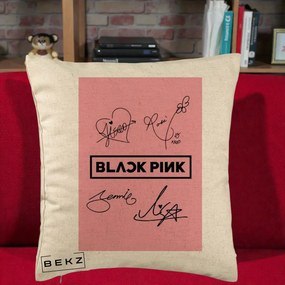 Perna Personalizata K-pop BLACKPINK Semnaturi Roz, 40x40 cm, Bej, Husa Detasabila, Perna Inclusa, BEKZ®