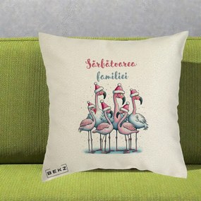 Perna Decorativa Flamingo Craciun Sarbatoarea Familiei, 40x40 cm, Ecru, Husa Detasabila, Perna Inclusa, BEKZ®
