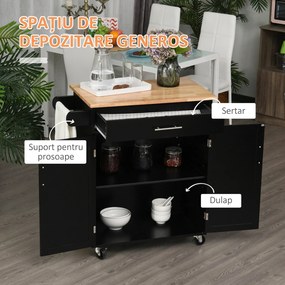 HOMCOM Cărucior de Bucătărie cu Sertar și Dulap cu 2 Uși, Insulă de Bucătărie cu roți și bară laterală, 83x45x91.5 cm, Negru | Aosom Romania
