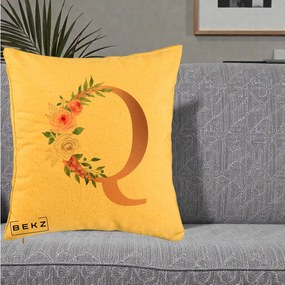 Cadou Personalizat - Perna Personalizata Monograma Rose Gold Litera Q, 40x40 cm, Galben, Husa Detasabila, Perna Inclusa, BEKZ®