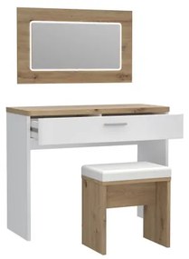 Set Masa Toaleta Olinda, Alb &amp; Stejar Artisan &amp; Alb Lucios, 100,5 x 146 x 42 Cm