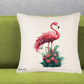 Perna Decorativa Flamingo cu Trandafiri Tropicali, 40x40 cm, Crem Reliefat, Husa Detasabila, Perna Inclusa, BEKZ®