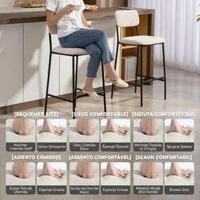 HOMCOM Set 2 Scaune de Bar, Scaune de Bucătărie Înalte în Chenille cu Spătar Înalt, Suport pentru Picioare și Sezut Moale Gros, Structură din Oțel, Scaune Înalte de Bar, pentru Peninsula, Sala de Mese, Bar, Crem | Aosom Romania