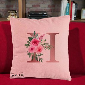 Cadou Personalizat - Perna Personalizata Monograma Rose Gold Litera H, 40x40 cm, Roz, Husa Detasabila, Perna Inclusa, BEKZ®