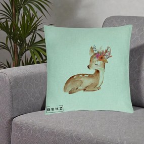 Perna Decorativa Caprioara cu Flori in Coama, 40x40 cm, Verde Menta, Husa Detasabila, Perna Inclusa, BEKZ®