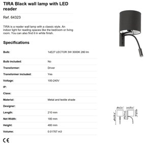 Aplica perete cu reader LED design modern TIRA neagra