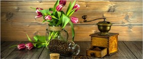 Tablou - lalele, râșniță și cafea (120x50 cm)