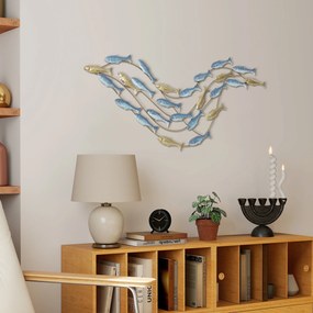 HOMCOM Artă de Perete cu Banc de Pești și Șuruburi Incluse pentru Casă și Birou, Decor Metalic, 99,7x3,8x50,2 cm, Auriu și Albastru | Aosom Romania