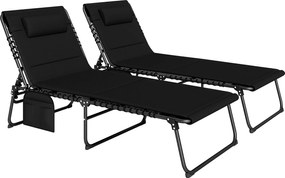 Outsunny Set de 2 șezlonguri pliante pentru grădină cu pernă, spătar reglabil în 5 poziții, buzunar lateral, Negru | Aosom Romania