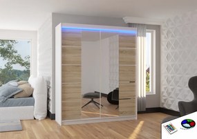 Dulap cu usi glisante si oglinda + iluminare LED, Traves 180 + LED, 180 cmx200 cmx58 cm, ADRK Furniture (Culoare: Sonoma / Alb)