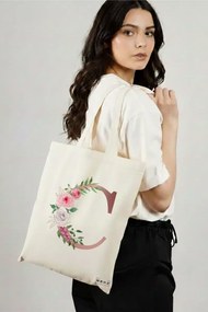 Sacosa de Panza pentru Cumparaturi, Geanta Tote, Cu litera C Rose Gold si Trandafiri, 38x34.5 cm, Alba, BEKZ®
