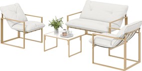 Set mobilier pentru grădină 4 piese Outsunny, set pentru terasă cu masă cu blat din sticlă securizată, canapea, 2 fotolii, Alb | Aosom Romania