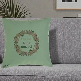 Cadou pentru Bunica - Perna Personalizata Cea Mai Buna Bunica Coronita Flori Roz, 40x40 cm, Verde, Husa Detasabila, Perna Inclusa, BEKZ®
