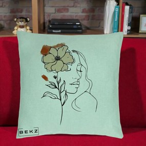 Perna Decorativa Portret Feminin Floare Bej Terracotta, 40x40 cm, Verde Menta, Husa Detasabila, Perna Inclusa, BEKZ®