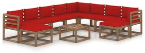 Set mobilier de gradina cu perne rosii, 11 piese Rosu, 3x colt + 5x mijloc + 2x suport pentru picioare + masa, 1