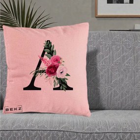 Cadou Personalizat - Perna Personalizata Monograma Florala Litera A, 40x40 cm, Roz, Husa Detasabila, Perna Inclusa, BEKZ®