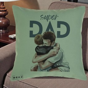 Cadou pentru Tata - Perna Personalizata Super Dad Tata si Fiu Imbratisare, 40x40 cm, Verde, Husa Detasabila, Perna Inclusa, BEKZ®