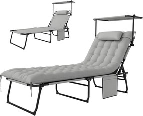 Outsunny Șezlong pliabil cu copertină și saltea, șezlong cu spătar reglabil în 4 poziții, gri deschis | Aosom Romania