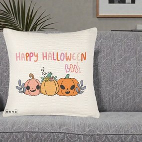 Perna Decorativa Happy Halloween Boo Trei Dovlecei Kawaii, 40x40 cm, Crem Reliefat, Husa Detasabila, Perna Inclusa, BEKZ®
