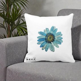 Perna Decorativa Floare Margareta Albastra Acuarela, 40x40 cm, Alba Mata, Husa Detasabila, Perna Inclusa, BEKZ®