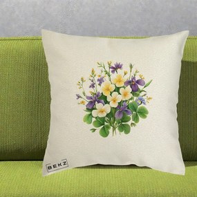 Perna Decorativa Viorele Iris Violet si Trifoi, 40x40 cm, Ecru, Husa Detasabila, Perna Inclusa, BEKZ®