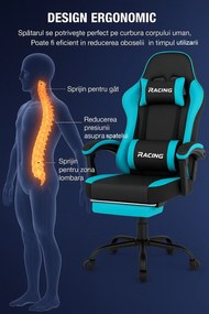 Scaun gaming, Masaj în perna lombară, Suport picioare, Rabatabil 90-165°, piele PU, Negru/Albastru