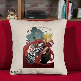 Perna Personalizata Fullmetal Alchemist Brotherhood Edward si Al Poster, 40x40 cm, Bej Canapea, Husa Detasabila, Perna Inclusa, BEKZ®