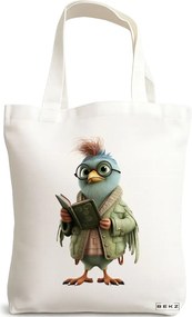 Sacosa de Panza pentru Cumparaturi, Geanta Tote, model Reading Birdie 2 38 x 34.5 cm, Alba, BEKZ®