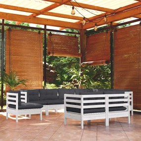 3096768 vidaXL Set mobilier de grădină cu perne, 9 piese, alb, lemn masiv pin