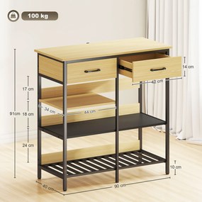 HOMCOM Sideboard, comodă cu 2 sertare, 3 rafturi deschise dulap de bucătărie pentru bucătărie, living 90 x 40 x 91 cm, lemn natural | Aosom Romania