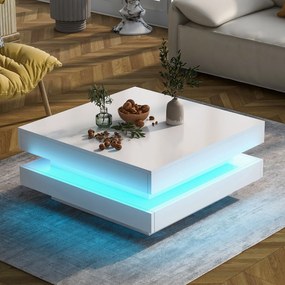 Măsuță de Cafea Modernă Pătrată Lucioasă cu Placă Rotativă la 360° și Iluminare LED în 16 Culori, 70x70x36 cm, Albă