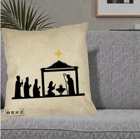 Perna Decorativa Nasterea Pruncului Silueta Neagra si Stea Aurie, 40x40 cm, Crem, Husa Detasabila, Perna Inclusa, BEKZ®