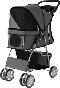 PawHut Cărucior pliabil pentru câini, cărucior cu bandă reflectorizantă, coș de depozitare, pernă pentru câini mici până la 10 kg 77x44x102 cm gri închis | Aosom Romania