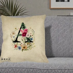 Cadou Personalizat - Perna Personalizata Monogram Litera A cu Flori Acuarela, 40x40 cm, Crem, Husa Detasabila, Perna Inclusa, BEKZ®