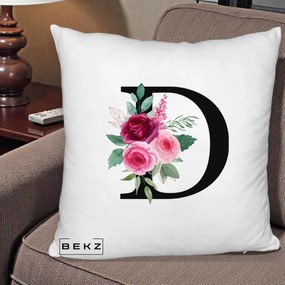 Cadou Personalizat - Perna Personalizata Monograma Florala Litera D, 40x40 cm, Alb Pufos, Husa Detasabila, Perna Inclusa, BEKZ®