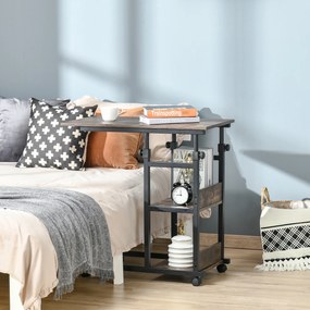 HOMCOM Masă auxiliară Masă laterală Masă rulantă Masă de Pat pentru Laptop Înălțime reglabilă - 2 rafturi integrate - cadru metalic Maro | Aosom Romania