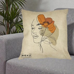 Perna Decorativa Portret Feminin Mac Mare Portocaliu, 40x40 cm, Crem, Husa Detasabila, Perna Inclusa, BEKZ®