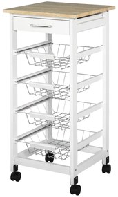 HOMCOM Cărucior de servire măsuță cu roți multi-rangements 4 coșuri metal + sertar lemn de pin 37 x 37 x 82 cm alb | Aosom Romania