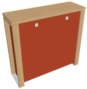Dulap mediu Verno+ S 140 x 46 x 130 cm, uși de sticlă, stejar deschis / portocaliu