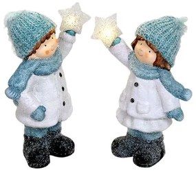 Decoratiune iarna, ceramica, baiat si fata cu caciula si fular, albastru, LED, 2xLR44, 18x10x26.5 cm, Chomik