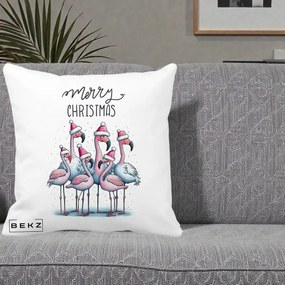Perna Decorativa Flamingo Merry Christmas, 40x40 cm, Alba Mata, Husa Detasabila, Perna Inclusa, BEKZ®