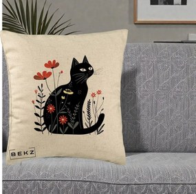 Perna Decorativa Pisica Neagra Flori Rosii Folk, 40x40 cm, Bej, Husa Detasabila, Perna Inclusa, BEKZ®