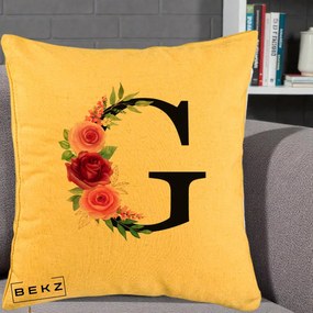 Cadou Personalizat - Perna Personalizata Monograma Florala Litera G, 40x40 cm, Galben, Husa Detasabila, Perna Inclusa, BEKZ®