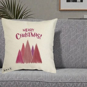 Perna Decorativa Merry Christmas Brazi Roz, 40x40 cm, Ecru, Husa Detasabila, Perna Inclusa, BEKZ®