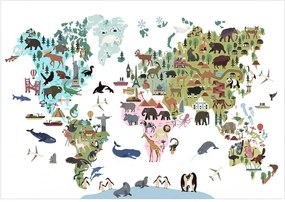 Fototapet - Bucură-te de lume - Hartă colorată pentru copii cu continente și animăluțe