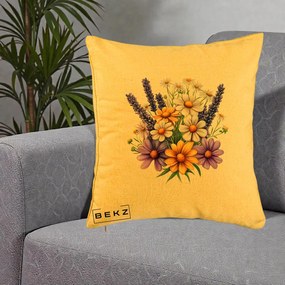 Perna Decorativa Lavanda Musetel si Flori Mov, 40x40 cm, Galben, Husa Detasabila, Perna Inclusa, BEKZ®