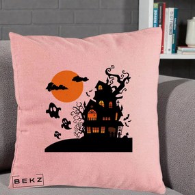 Perna Decorativa Halloween Casa Bantuita cu Fantome, 40x40 cm, Roz, Husa Detasabila, Perna Inclusa, BEKZ®