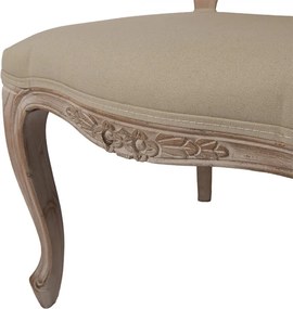 Scaun dining tapițat shabby chic din lemn, ratan și stofă, bej, cu spătar cannage și picioare cambrate sculptate, 95 x 52 x 49 cm, „Fleurette”
