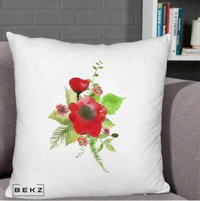 Perna Decorativa Buchet Rosu Acuarela, 40x40 cm, Alb Pufos, Husa Detasabila, Perna Inclusa, BEKZ®
